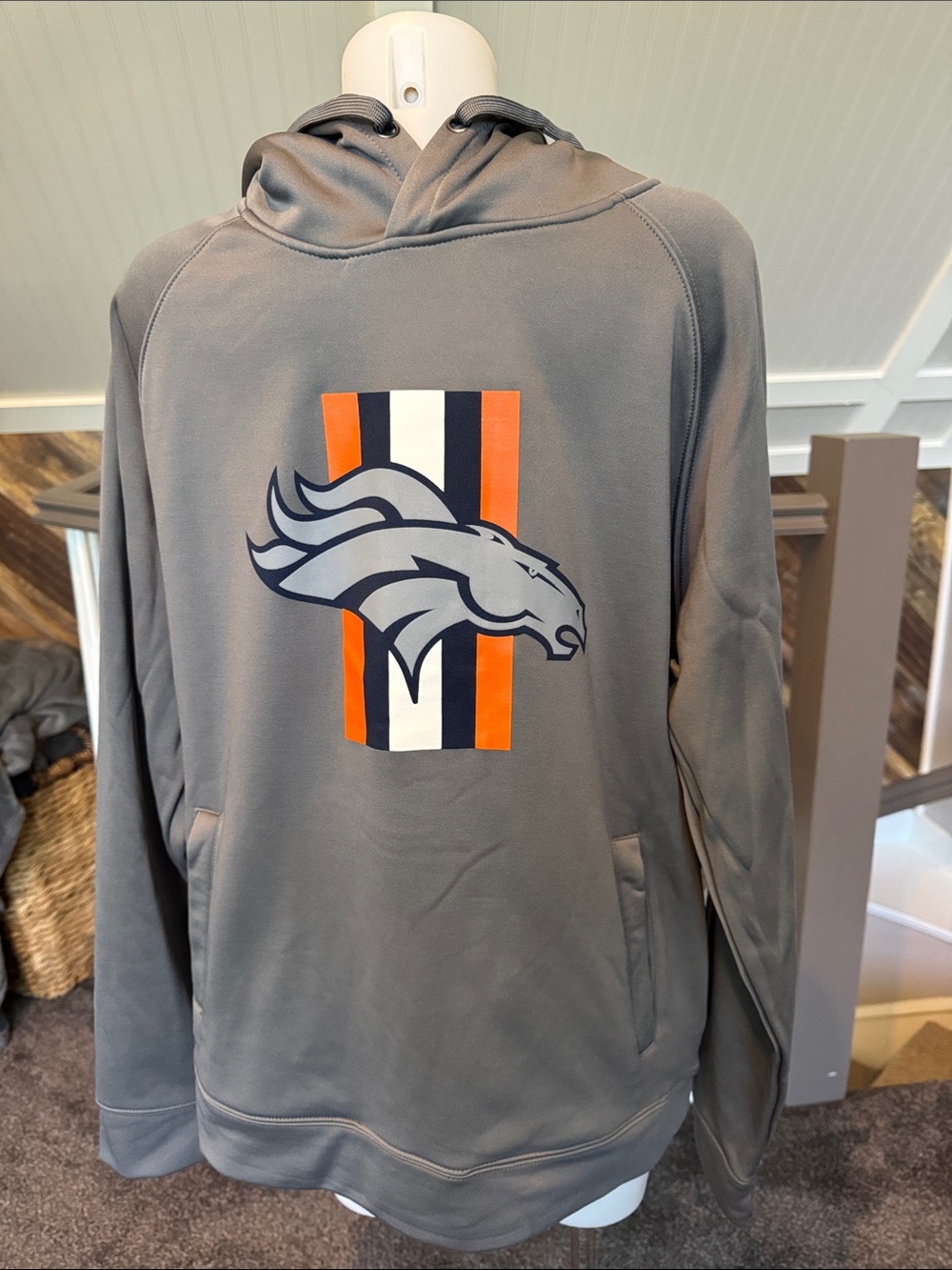 New Era Gray Denver Broncos Pullover Hoodie with Orange and Navy Stripes